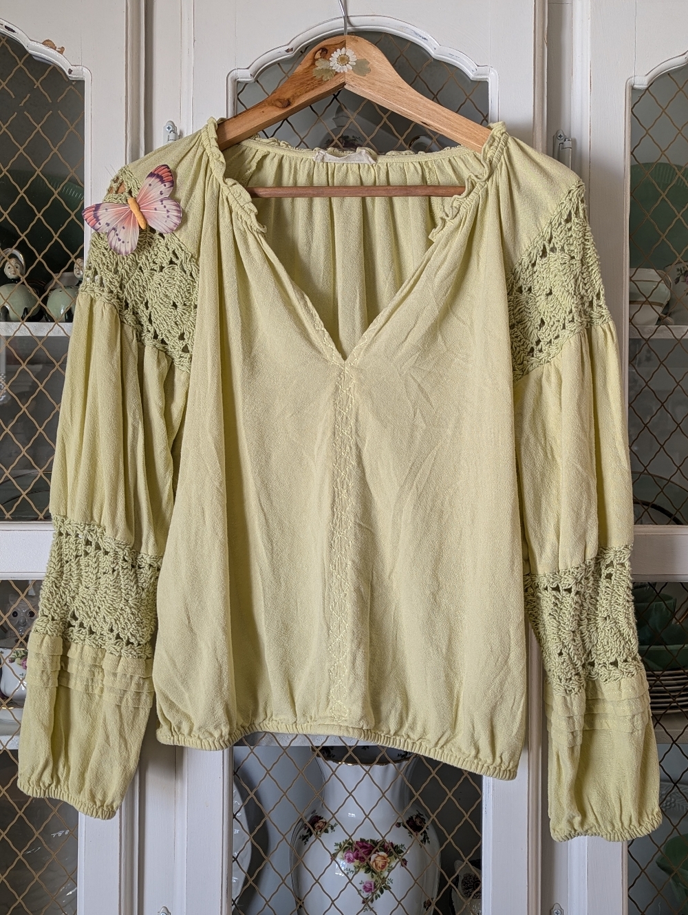 🍋‍🟩 Lucky Brand Light Green Crochet-Sleeve Hippie Top Pale Chartreuse Peasant